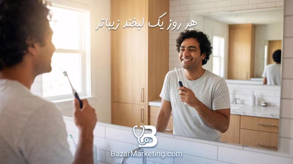 فردی با لبخند زیبا در حال نگاه کردن به خودش در آینه، مسواک برقی در دست