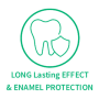 طرح کلی سبز رنگ یک دندان با محافظی در جلوی آن درون یک دایره. در زیر، متن زیر نوشته شده است: اثر طولانی مدت و محافظت از مینای دندان.