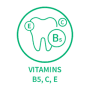 طرح کلی سبز رنگ یک دندان با دایره‌هایی با برچسب‌های E، C و B5 در داخل و اطراف آن که نمایانگر ویتامین‌های B5، C و E هستند. متن VITAMINS B5، C، E در زیر تصویر ظاهر می‌شود.