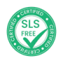 یک نشان دایره‌ای سبز رنگ که عبارت CERTIFIED در اطراف لبه آن تکرار شده و در مرکز آن بالای یک علامت تیک بزرگ، عبارت SLS FREE به معنای بدون SLS بودن، قرار دارد که نشان‌دهنده‌ی گواهی عدم استفاده از SLS است.