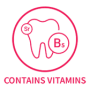 طرحی صورتی از یک دندان با دایره‌هایی با برچسب‌های Sr و B5 در داخل، که توسط یک دایره احاطه شده است. در زیر، متن نوشته شده است: حاوی ویتامین‌ها.