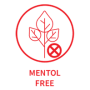 طرح کلی قرمز یک گیاه با سه برگ درون یک دایره، یک نماد ضربدر خورده روی برگ سمت راست و کلمات Mentol Free در زیر آن، که نشان دهنده محصول بدون منتول است.