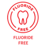 طرح قرمز رنگی از یک دندان در مرکز یک نشان دایره‌ای قرار دارد که عبارت «بدون فلوراید» دور آن نوشته شده است، که نشان می‌دهد این محصول حاوی فلوراید نیست.