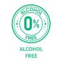 یک نشان دایره‌ای سبز رنگ که درون آن عبارت «0% بدون الکل» و زیر آن عبارت «بدون الکل» نوشته شده است، نشان می‌دهد که محصول حاوی الکل نیست.