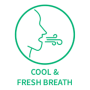 طرحی با خط سبز از نیمرخ فردی که در حال بازدم هوای تلطیف شده است، درون یک دایره. در زیر، متن «نفس خنک و تازه» نوشته شده است.