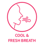 طرح صورتی صورتی از چهره ای که هوای سبک را به صورت دایره ای بازدم می کند و نمایانگر نفس تازه است. در زیر، «COOL & FRESH BREATH» با رنگ صورتی پررنگ، الهام گرفته از دهانشویه ضد ضد بایونمل ۵۰۰ میلی‌لیتری به نظر می‌رسد | تسکین فوری لثه و دندان حساس.